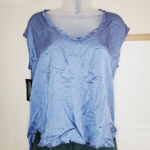 Etiquette Boutique Blue Fringe Short Sleeve Shirt Small